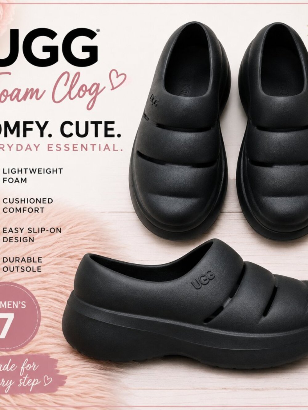 UGG Sport Yeah Clog Black Platform EVA Slip-On Shoes Women's Size 7 Style 113289
